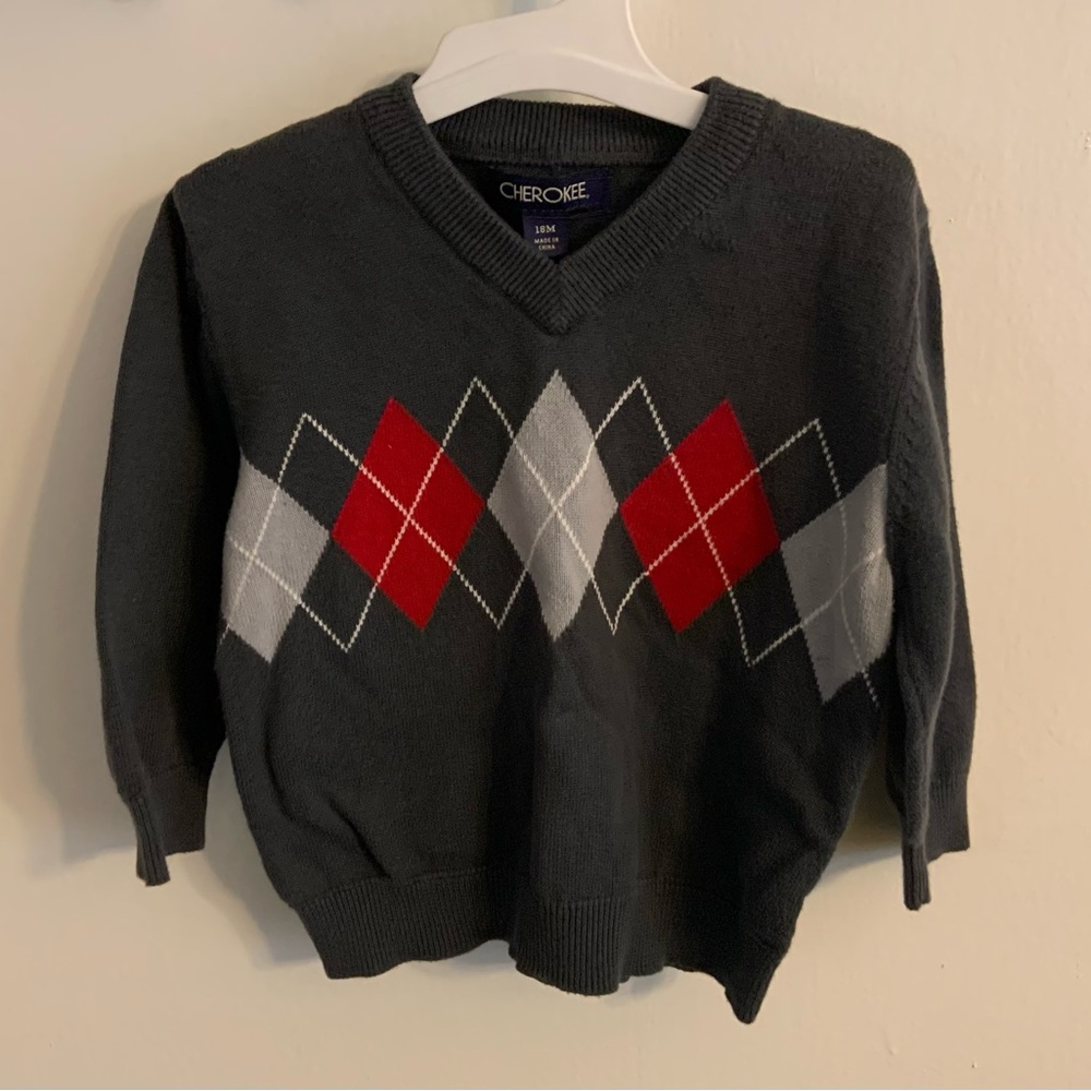 Cherokee Boy's Size 18 Months Gray & Red Argyle Casual Knit Sweater